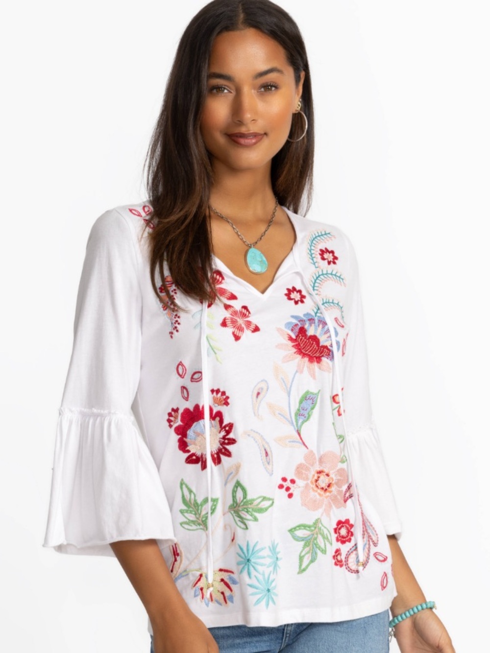 Johnny Was Embroidered Flounce Sleeve Top
